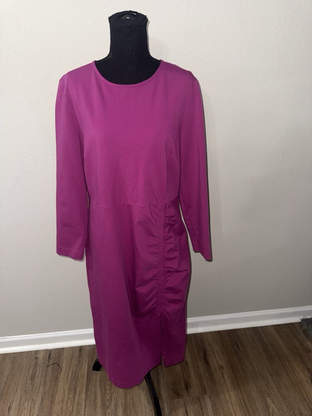 Boden Ruched Side Midi Dress Pink Magenta Long Sleeve 16/18R Side Slit
